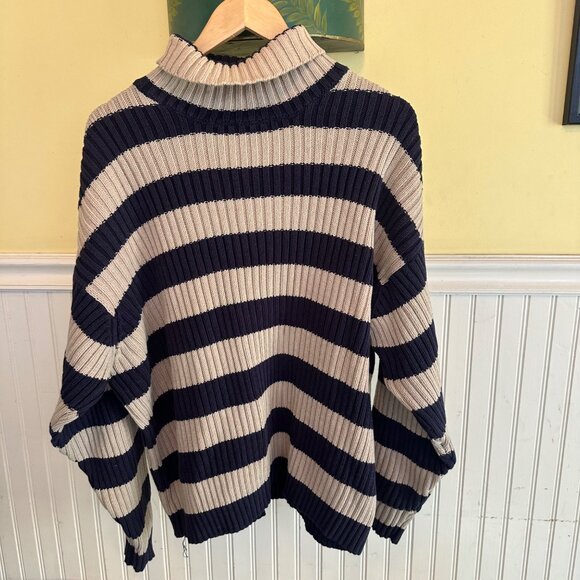 Banana Republic Striped Ribbed Turtleneck Sweater Navy & Beige L Cotton - Picture 2 of 5